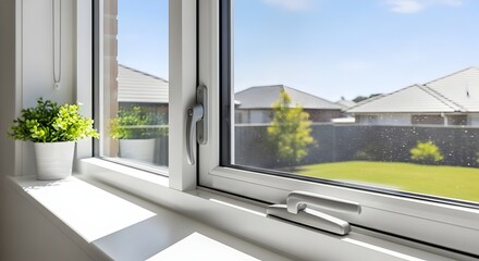 Fototapeta premium open window with open door, Modern White uPVC Double Glazed Window with View of Green Garden and Neighborhood