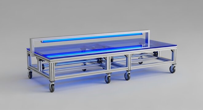 Blue and silver wheeled table with transparent and blue light accents