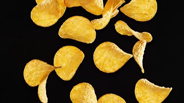 crispy potato chips falling in motion against dark background for snack concept