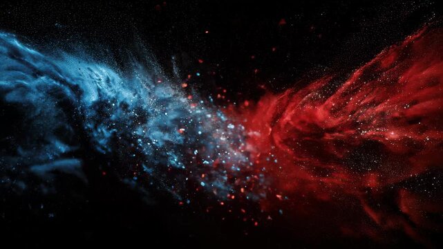 Bright colors mix in a swirl of red and blue powder on a dark background during a dynamic art demonstration at a creative workshop in the evening