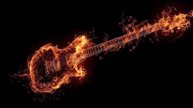 Burning Electric Guitar on Fire Dark Background
