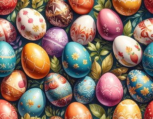 Colorful Decorative Easter Eggs on Vibrant Floral Background