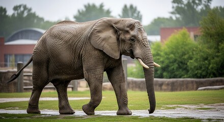 Obraz premium Large, wrinkled pachyderm with tusks walks along a wet enclosure path
