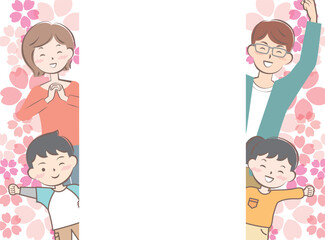 桜と喜ぶ家族のフレーム　親子　2世代