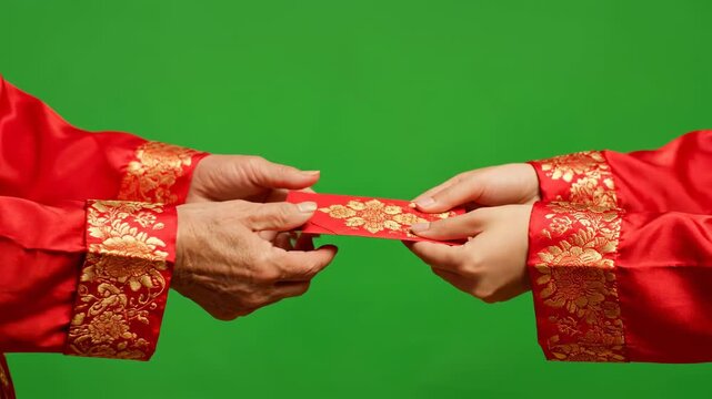 Two individuals in traditional attire exchanging a red envelope with gold designs against a green background from a straightforward viewpoint