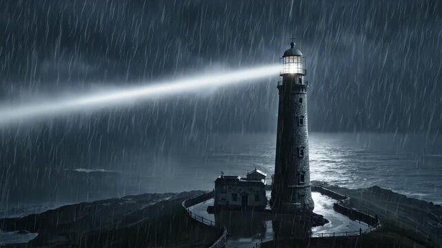 A solitary lighthouse stands against a stormy sea. Its powerful beam cuts through the rain and lightning.
