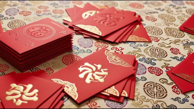 Red Envelopes with Chinese Characters for Lunar New Year Celebration.