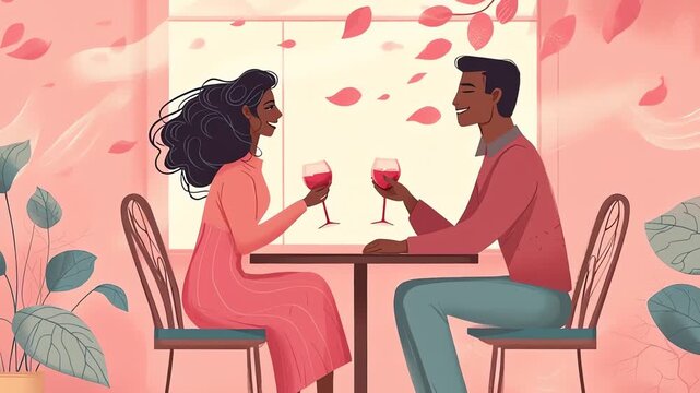 Romantic Couple Date Night Toasting Wine Illustration Soft Pink Tones