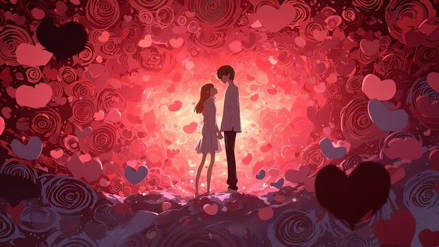 Anime Couple in Love Surrounded by Red Roses and Floating Hearts