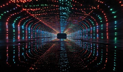 Fototapeta premium Abstract tunnel of colorful lights reflecting symmetry and patterns in darkness