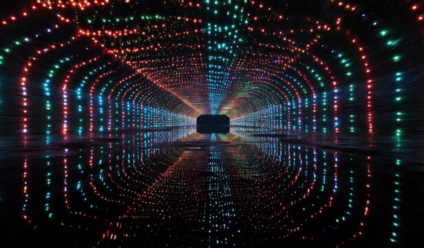 Abstract tunnel of colorful lights reflecting symmetry and patterns in darkness