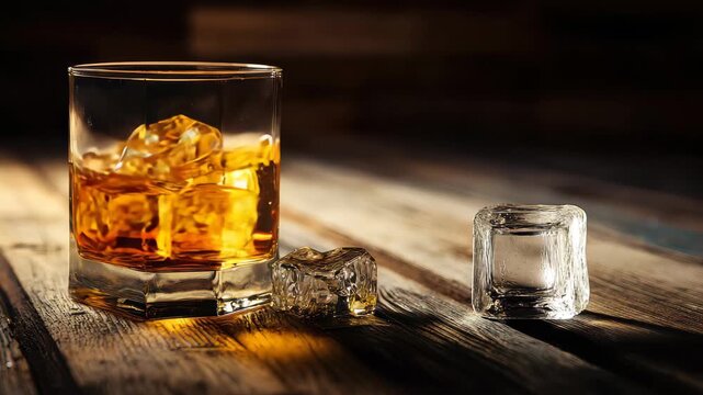 Glass with whiskey and ice cubes sits on wooden table in dim light setting during evening hours