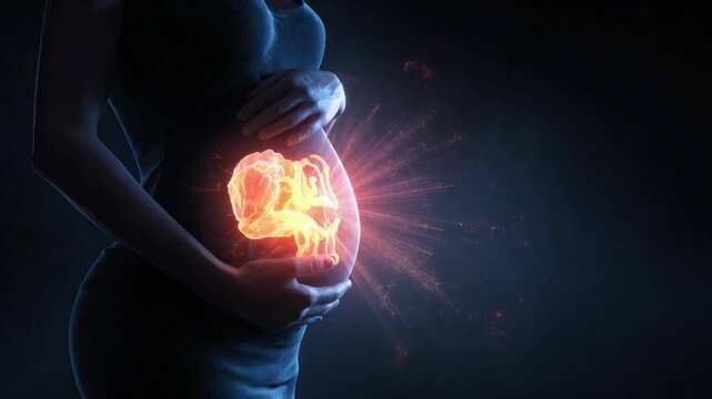 Glowing Expectation: A pregnant woman cradles her belly, an ethereal glow illuminating the developing fetus within. A scene of life, anticipation, and the miracle of pregnancy.