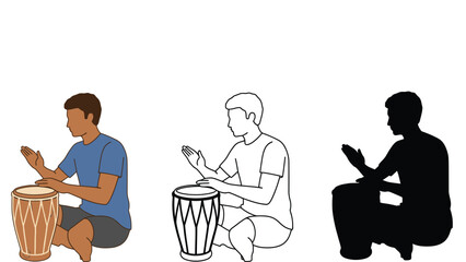 An illustration of a man playing a djembe drum in different styles
