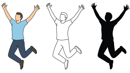 A man jumping in the air with different colored silhouettes and illustrations
