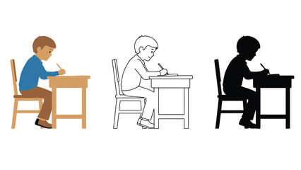 Three cartoon boys sitting at desks in different illustration styles and colors
