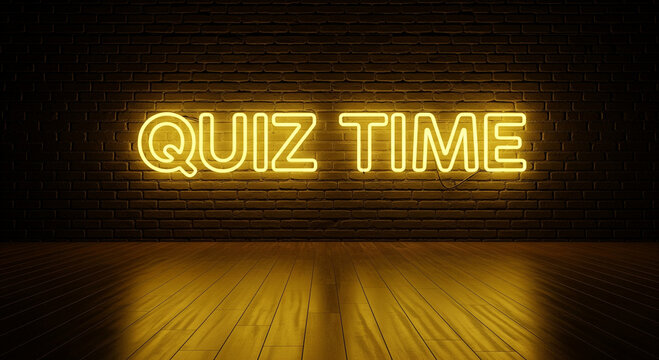 Quiz Time neon sign in glowing yellow, luminous electric text on dark brick wall background, trivia night competition banner for social media