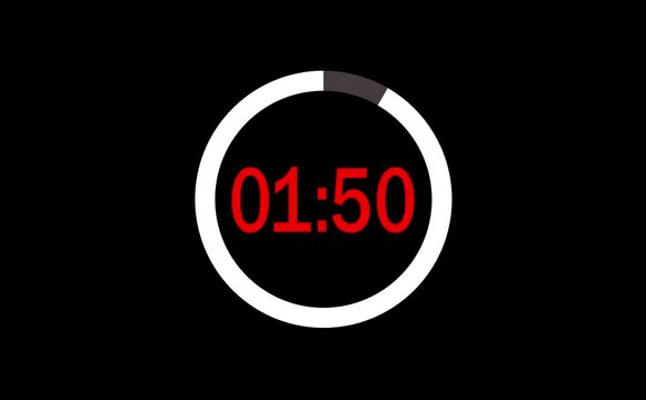 2 minutes digital countdown timer animation from 120 seconds to 0 seconds on transparent background with alpha channel, Animated countdown timer count hours minutes and seconds, Countdown video