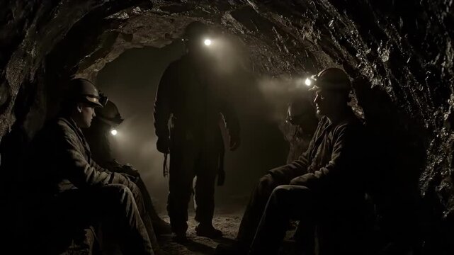 Miners gather in a dark cave, their headlamps illuminating the dusty air. A sense of weariness and shared experience fills the underground space.