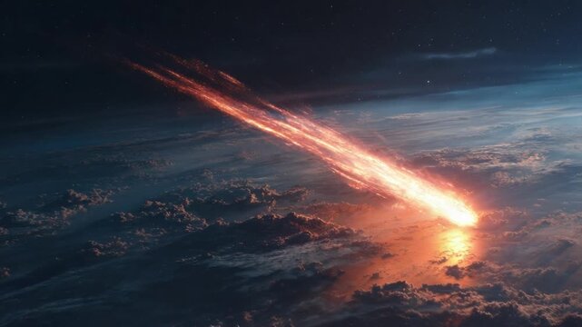 Fiery Descent: A captivating cosmic scene unfolds as a blazing meteor streaks across the night sky, its fiery trail illuminating the earth.