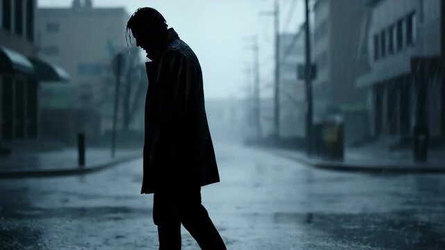 A lone figure walks down a deserted street in the pouring rain. The somber mood reflects feelings of isolation and despair.