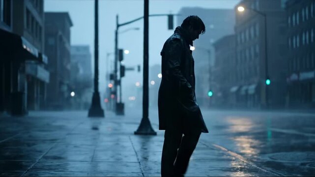 A lone figure walks down a rain-slicked city street at night. Streetlights cast a moody glow on the wet pavement.