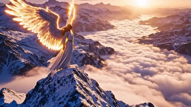 Golden Winged Angel Standing on Snowy Peak Above Clouds at Sunrise - Epic Heavenly Fantasy