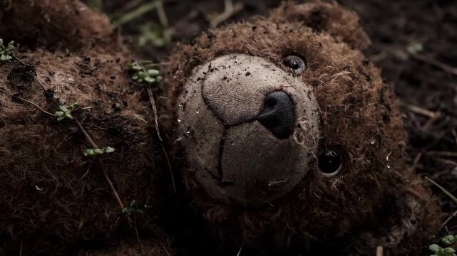 A worn teddy bear lies abandoned in the dirt. Its fur is matted and dirty, with small plants growing around it.