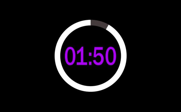 2 minutes digital countdown timer animation from 120 seconds to 0 seconds on transparent background with alpha channel, Animated countdown timer count hours minutes and seconds, Countdown video