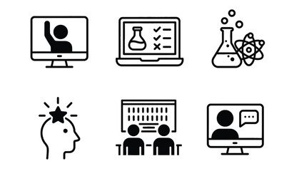 A collection of black and white icons representing online learning and education