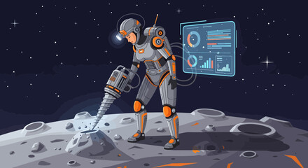 Fototapeta premium Astronaut drilling on the moon's with futuristic technology