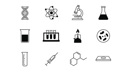 A collection of science and laboratory icons on a white background