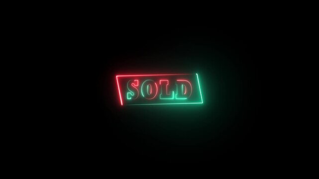 Sold out glowing neon text icon animation. Glowing neon text sold out icon isolated on black background.