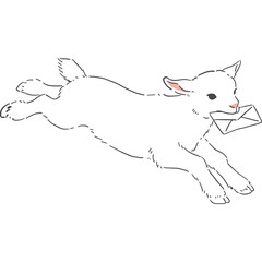手紙をくわえた走る白い子ヤギの手書き風イラスト