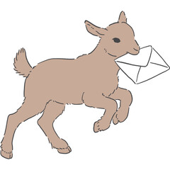 手紙をくわえた走る茶色い子ヤギの手書き風イラスト