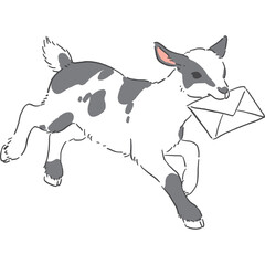 手紙をくわえた走るぶち模様の子ヤギの手書き風イラスト