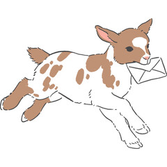 手紙をくわえた走るぶち模様の子ヤギの手書き風イラスト