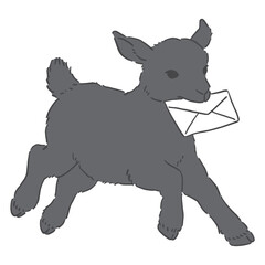 手紙をくわえた走る黒い子ヤギの手書き風イラスト