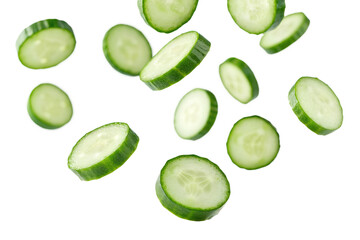 Falling fresh cucumber slices isolated on transparent background