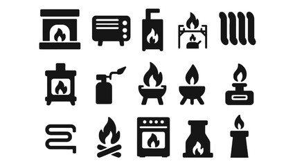 A collection of black icons depicting various fire and flame symbols