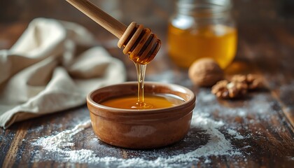 Fototapeta premium Macro Honey Drip on Flour Dusted Rustic Baking Table