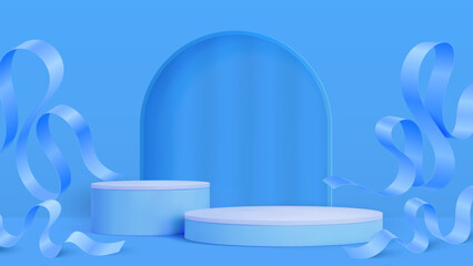 Naklejka premium 3D blue cosmetics product podium stage with pedestal and ribbons, vector display. Blue podium or pedestal stage with arch in wall background for luxury cosmetic or skincare products showcase