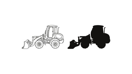 A colorful illustration of a backhoe loader in different styles and colors