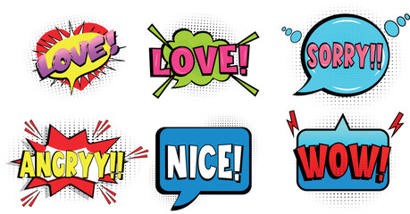 Comic pop art speech bubbles expressing various emotions and reactions in vibrant colors set © Fazaruz Zaman