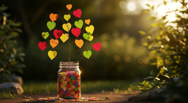 Heart tree growing from glass jar, colorful paper hearts on branches, conceptual love and kindness metaphor in golden hour garden