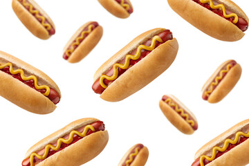 Floating hot dogs with mustard isolated on transparent background