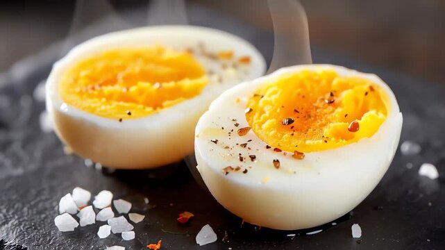 Freshly Boiled Egg Halves Sprinkled with Pepper and Salt Flakes