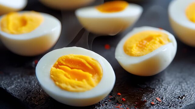 Hard boiled eggs halves served on dark slate stone surface close up