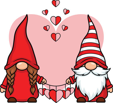 An adorable cartoon gnome couple in red hats holding a romantic Valentines Day heart garland.