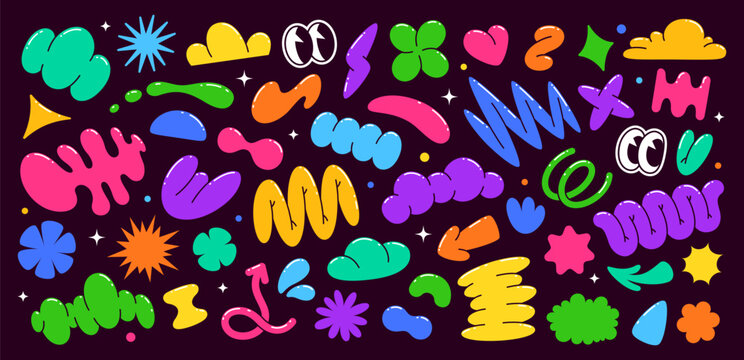 Abstract groovy shapes, funky stickers and graphic retro elements with comic bubbles, cartoon vector. Groovy Y2K shapes of eyes emoji, twisted arrows with clouds, zigzags and bizarre shape elements
